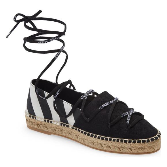 Off-White c/o Virgil Abloh Black & White Canvas Striped Lace-Up Espadrille Flat - Picture 3 of 16